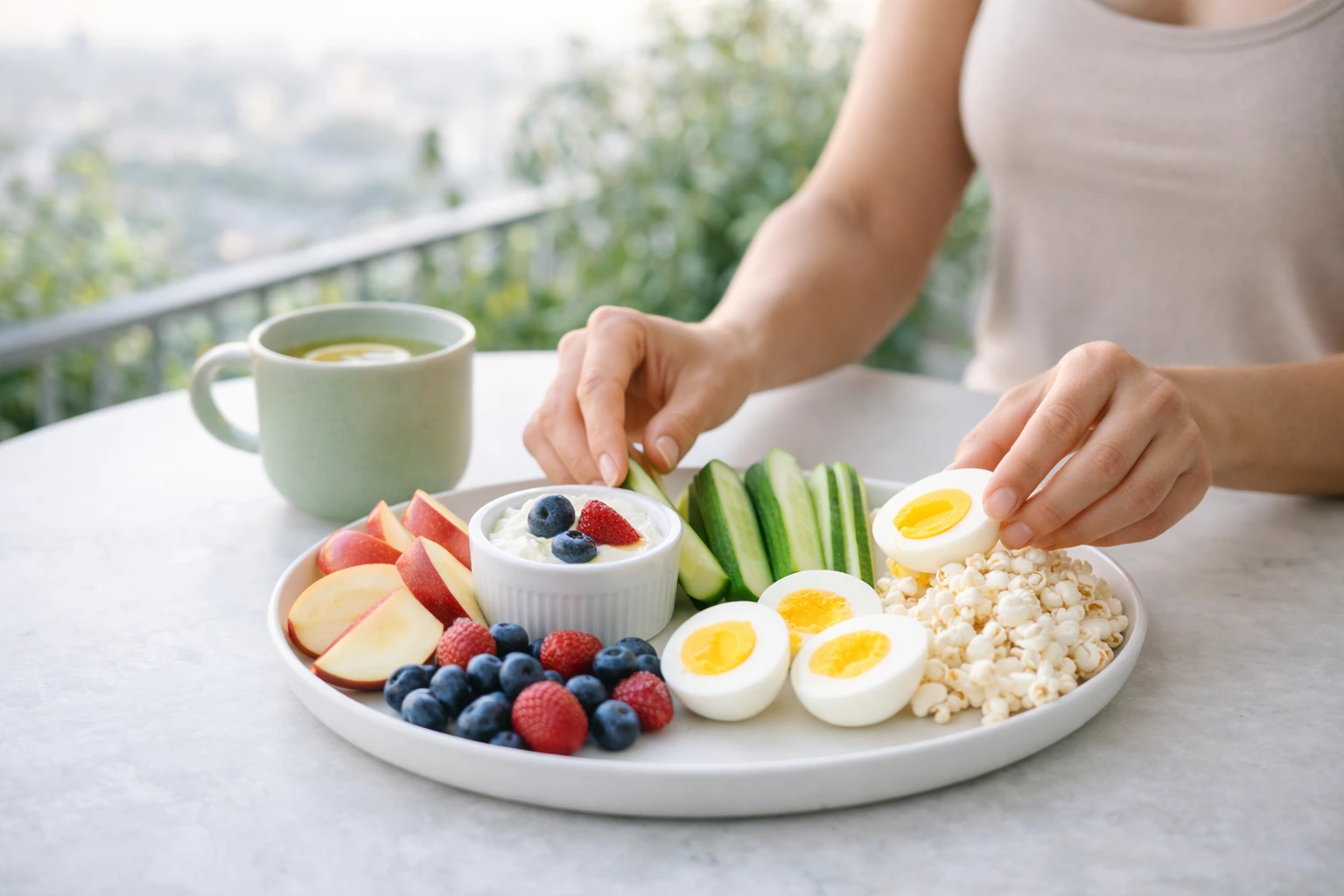 Daily low calorie snacks for weight loss with fruits, yogurt, eggs and vegetables on a plate