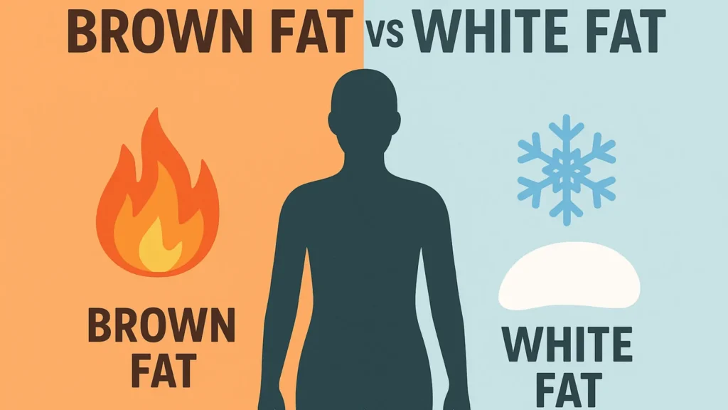 Brown fat vs white fat illustration with fire, snowflake and human silhouette.
