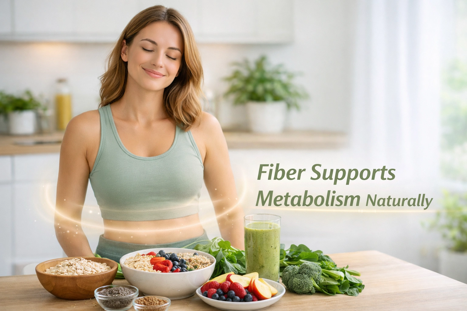 Healthy woman with high-fiber foods supporting natural metabolism