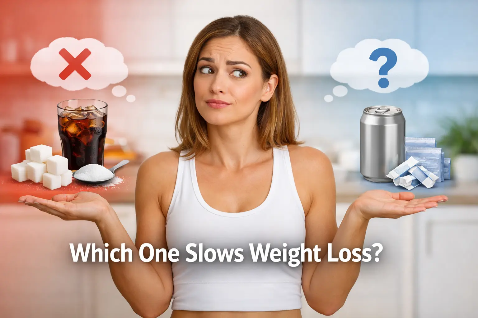 Sugar vs artificial sweeteners for weight loss comparison with confused woman