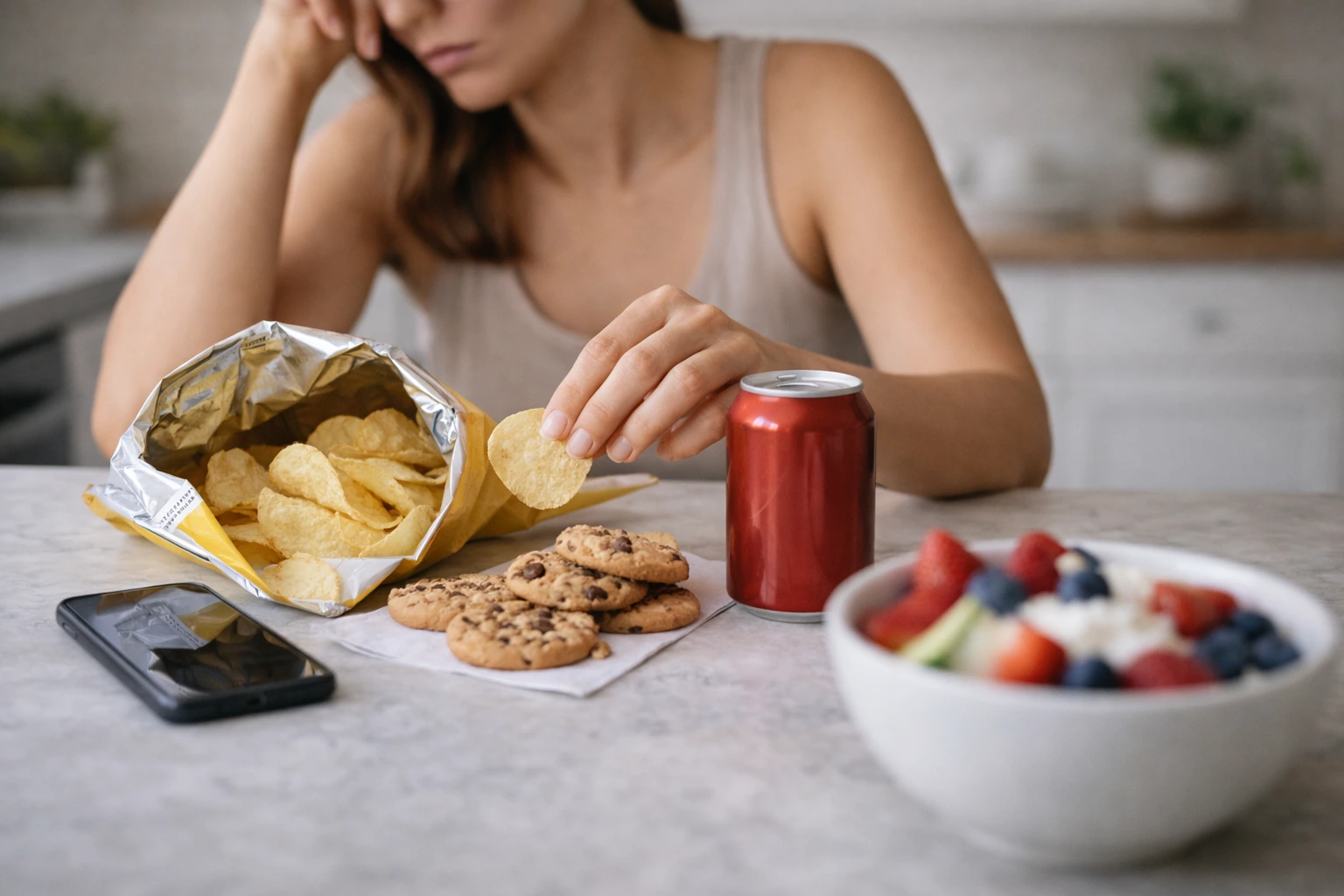 Common snacking mistakes for weight loss with chips, cookies, soda and ignored healthy snacks
