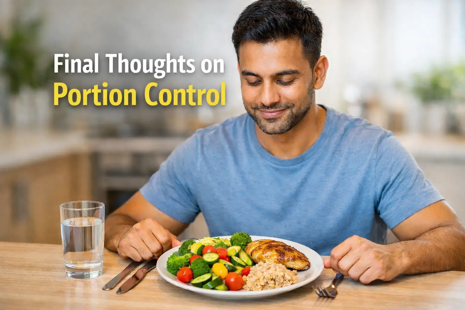 Person practicing portion control for weight loss with balanced plate of veggies, protein, and carbs.