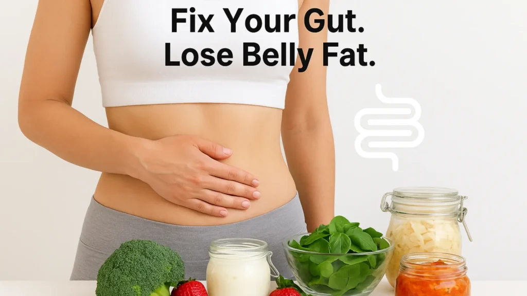 Slim woman touching belly with vegetables and probiotics on table, showing gut health and weight loss.