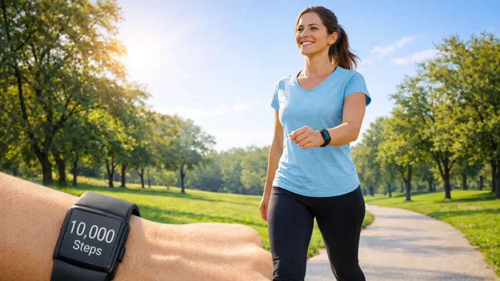 Woman walking with 10,000 steps fitness tracker