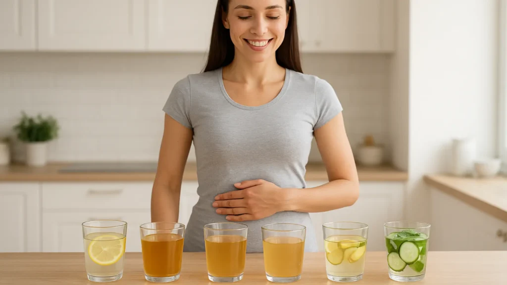 Woman touching belly with natural fat burning drinks on table