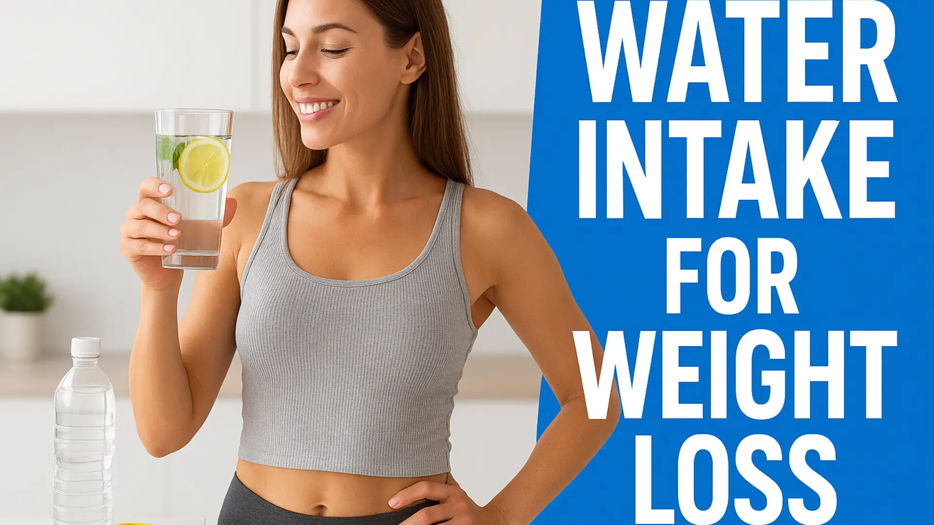 Water intake for weight loss showing a woman holding a glass of lemon water in a bright kitchen