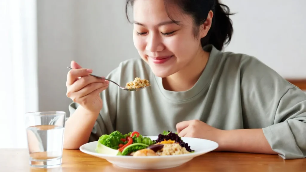 Slow Eating Method showing mindful eating for natural fat loss