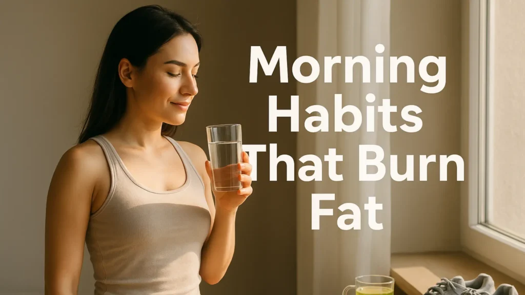 Fit woman drinking warm water in morning light for fat-burning habits.