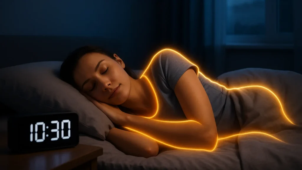 Woman sleeping peacefully showing night-time habits for weight loss.