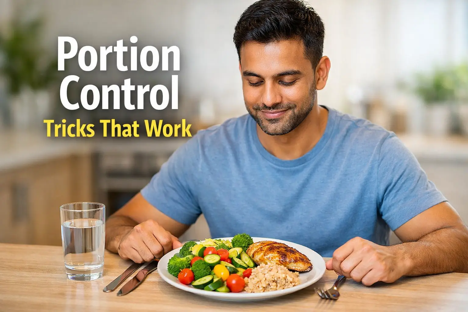 Fit person practicing portion control for weight loss with balanced plate of vegetables, protein, and carbs in a modern kitchen.
