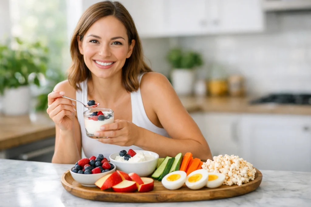 Low calorie snacks for weight loss with healthy woman enjoying yogurt, fruits and vegetables