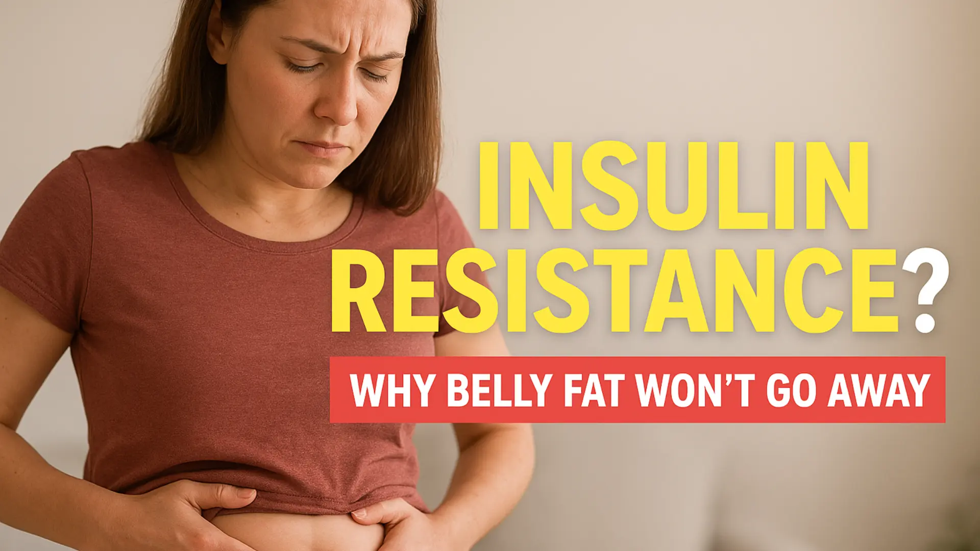 Woman touching lower belly showing belly fat, with text “Insulin Resistance? Why Belly Fat Won’t Go Away”.