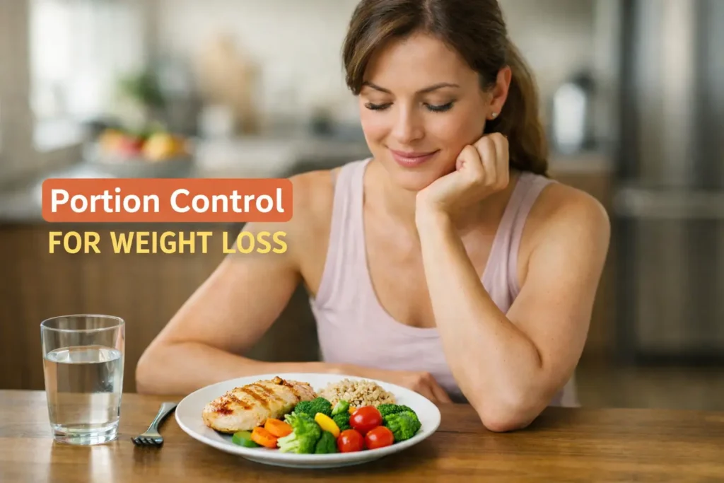 Healthy woman practicing portion control for weight loss, enjoying a balanced plate of colorful vegetables, palm-size protein, and small portion carbs in a modern kitchen.