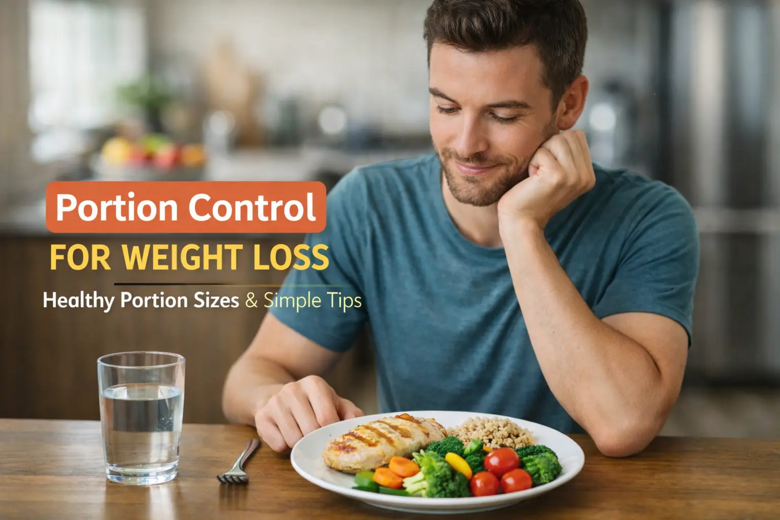 Fit man practicing portion control for weight loss with balanced plate of vegetables, protein, and carbs.