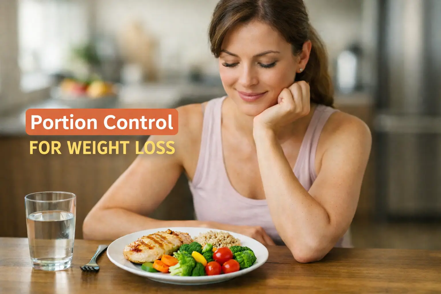 Healthy woman practicing portion control for weight loss, enjoying a balanced plate of colorful vegetables, palm-size protein, and small portion carbs in a modern kitchen.