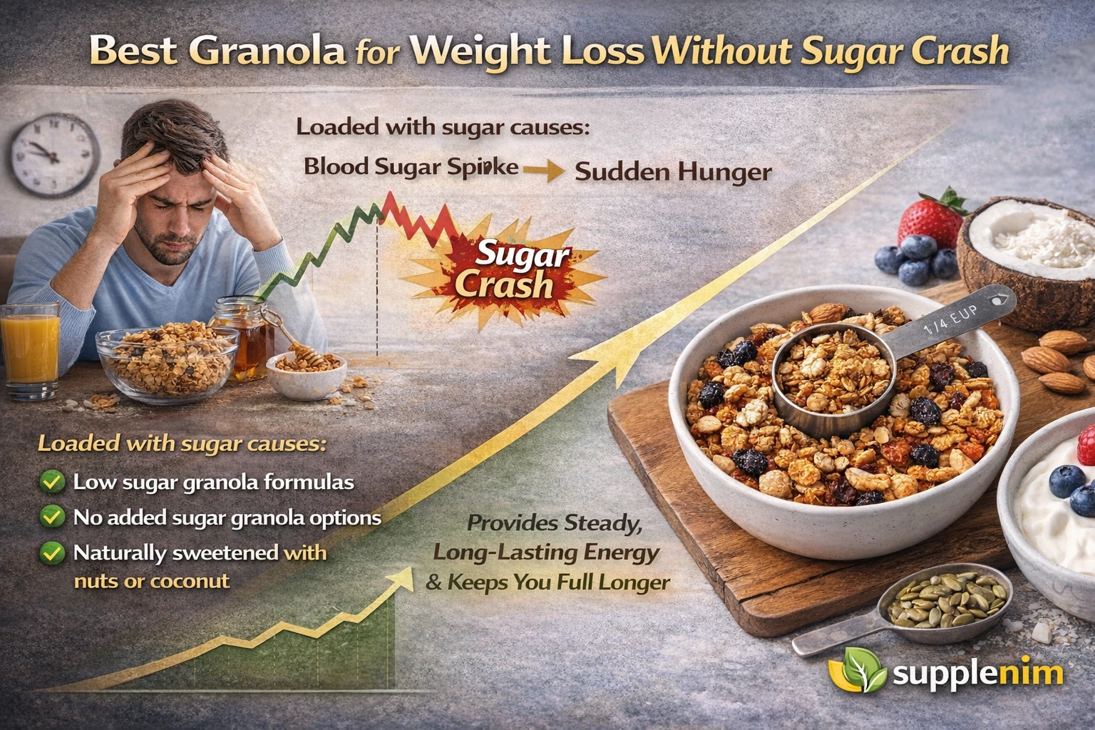 Low sugar granola formulas